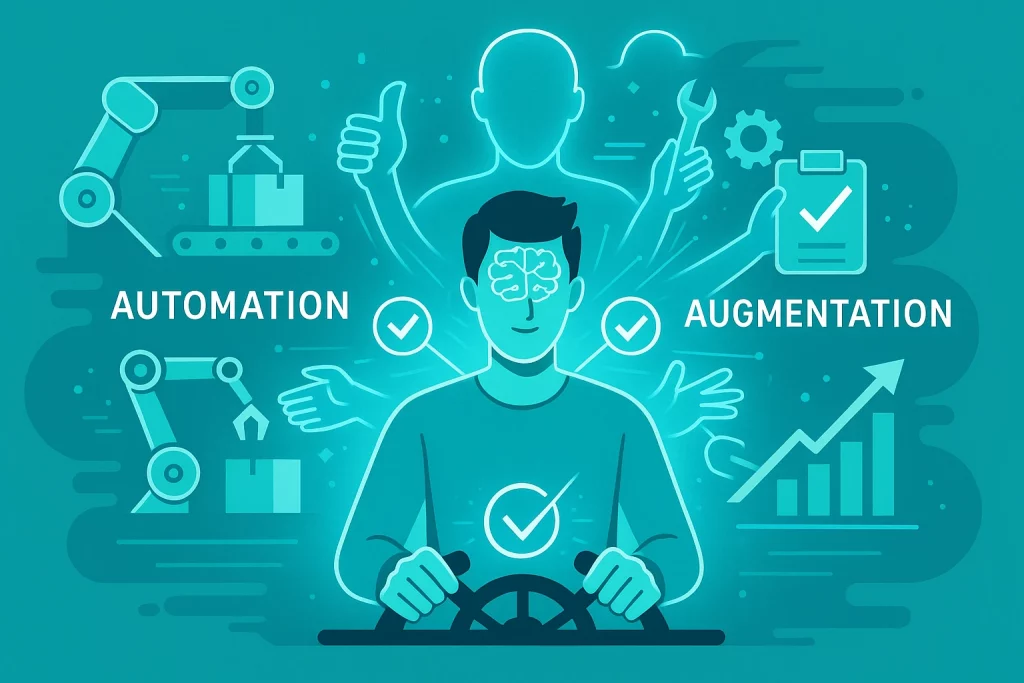 Human collaborating with a glowing turquoise AI assistant symbolizing augmentation, not replacement.