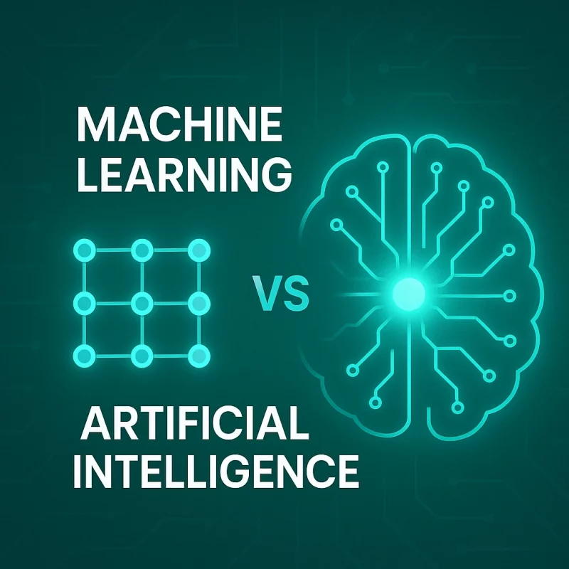 Premium Arti-Trends cover image comparing machine learning and artificial intelligence with a dataset grid icon versus a glowing neural brain design.