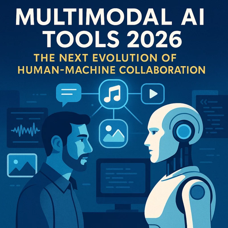 Premium cover image illustrating multimodal AI tools in 2026, showing human–AI collaboration with visual, audio, and text modalities.