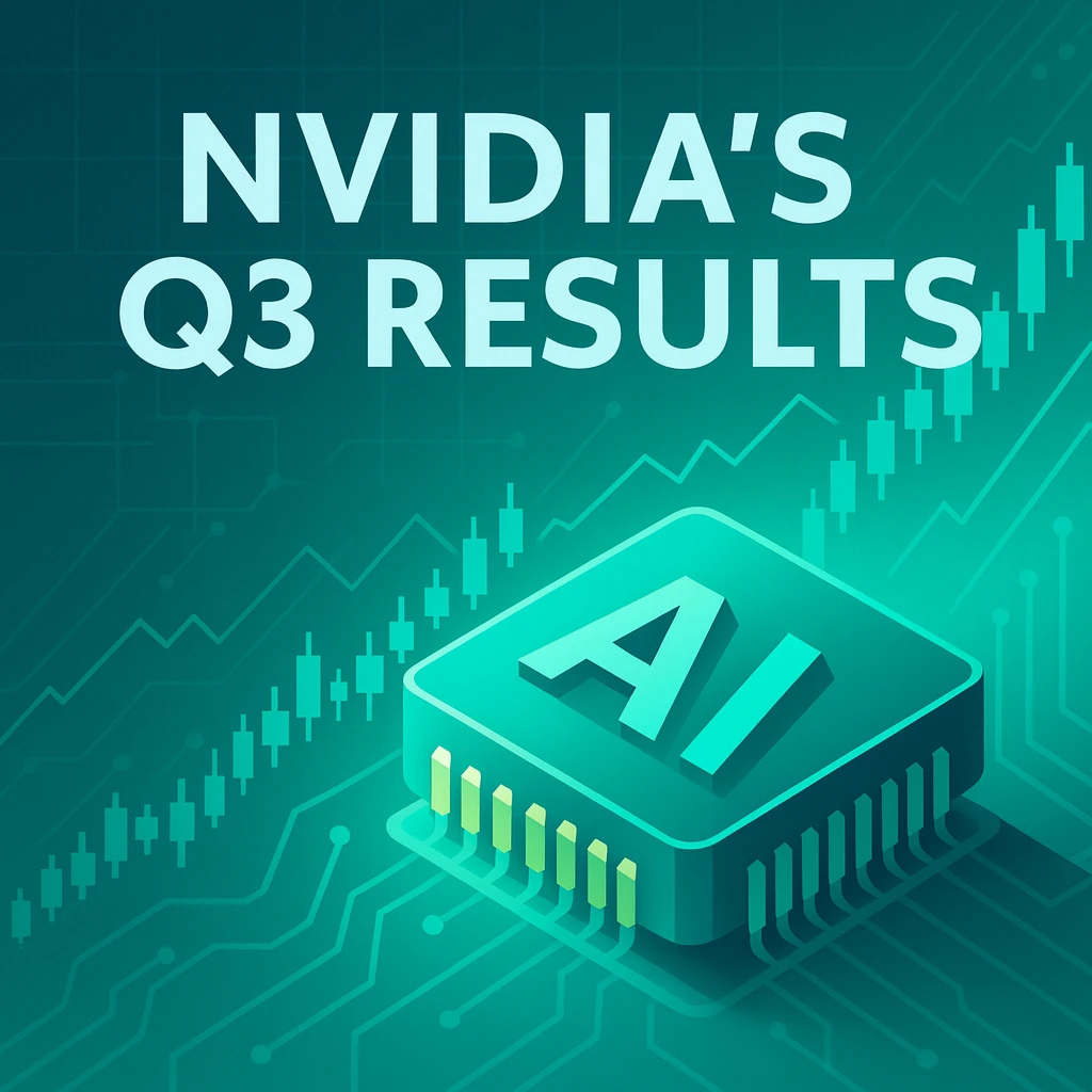Premium 3D illustration of Nvidia’s Q3 results with AI chip and rising financial chart