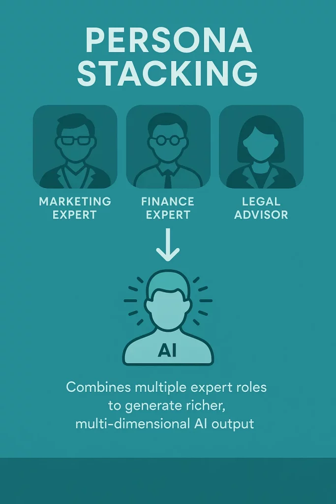 Persona Stacking infographic showing marketing, finance, and legal expert roles combining into a single enhanced AI output.