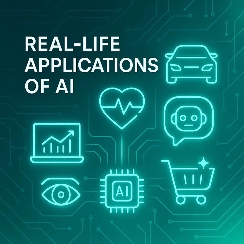Premium Arti-Trends cover image showing real-life applications of AI with glowing icons for healthcare, autonomous vehicles, analytics, AI assistants, computer vision, and e-commerce on a turquoise circuit background.