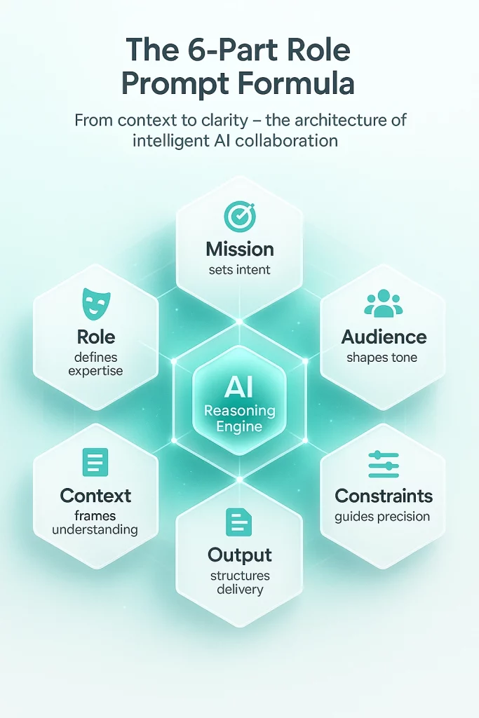Premium hexagonal infographic showing the 6-part AI role prompt formula
