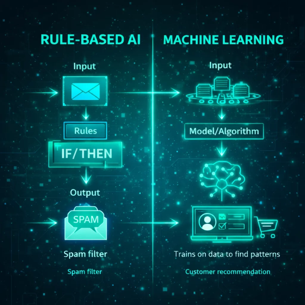 Comparison showing the difference between rule-based artificial intelligence and machine learning systems