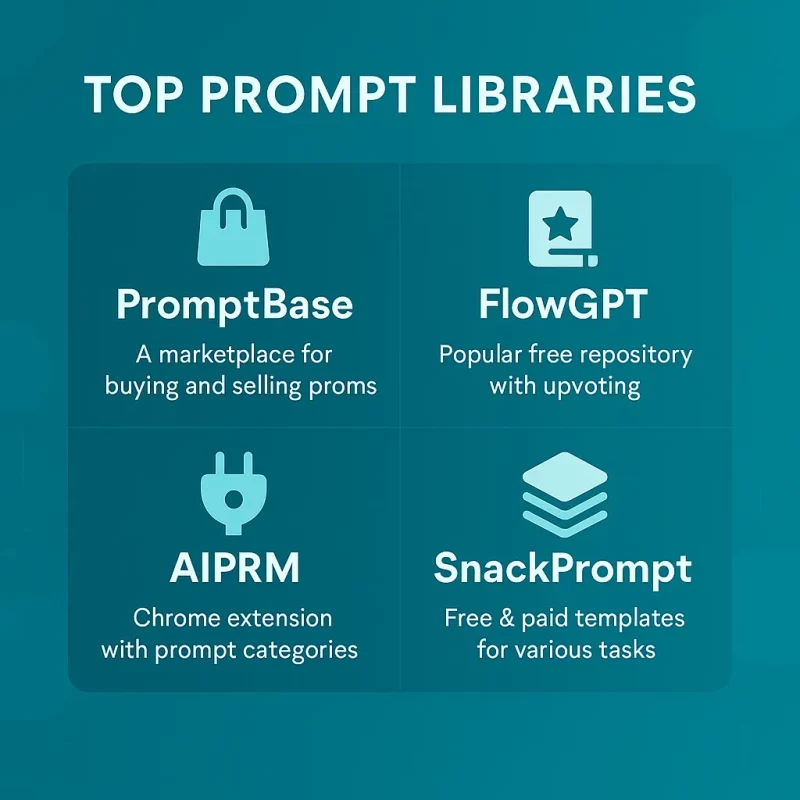 Infographic comparing top prompt libraries and communities for AI creators in 2026, including AIPRM, FlowGPT, Jasper, and GitHub.