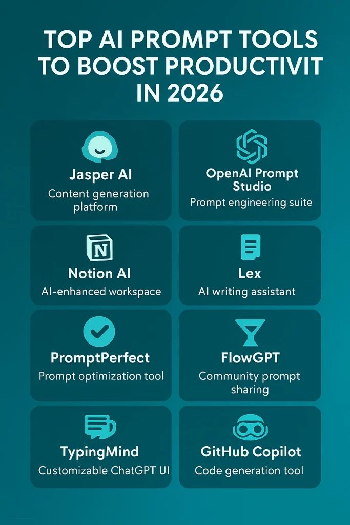 Premium infographic showing the top AI prompt tools for productivity in 2026, highlighting writing, reasoning, optimization and workflow platforms.