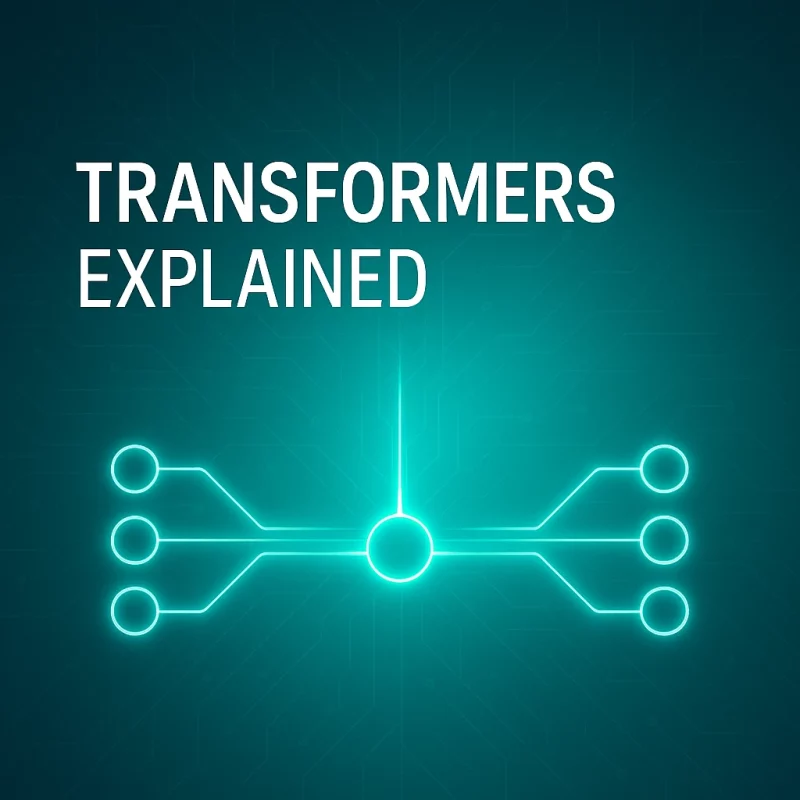 Premium Arti-Trends cover image illustrating how transformer models work, with input and output tokens connected through a glowing attention hub on a teal circuit background.