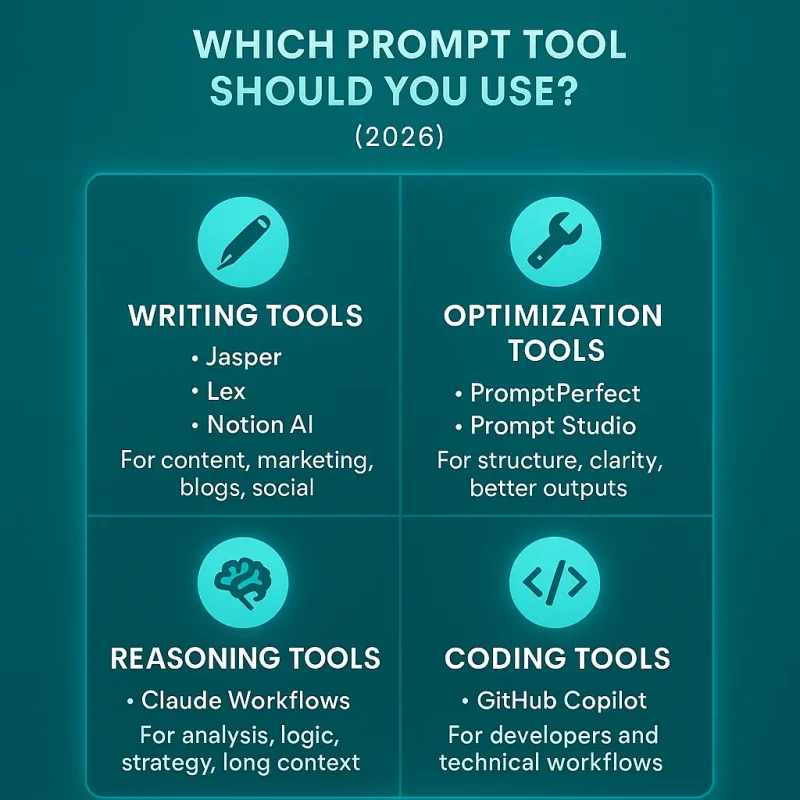 Matrix-style infographic showing which AI prompt tools to use for writing, optimization, reasoning and coding workflows in 2026.