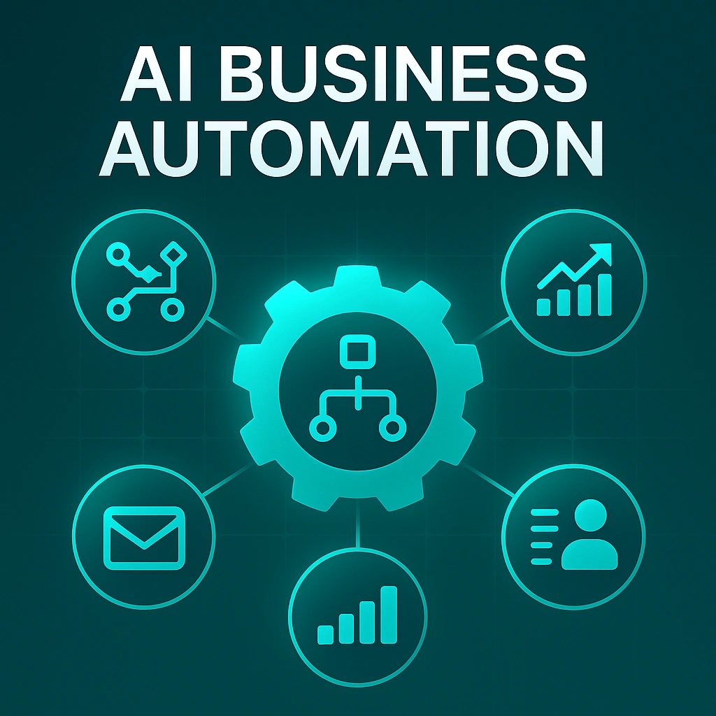 AI business automation tools cover image showing a glowing central hub with workflow and productivity icons in Arti-Trends turquoise style.