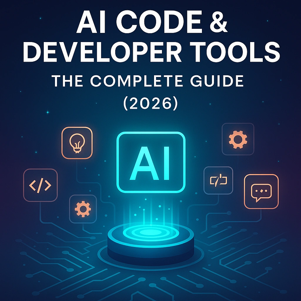 AI code and developer tools cover image showing a glowing central hub with code, workflow and developer icons in Arti-Trends turquoise tech style.