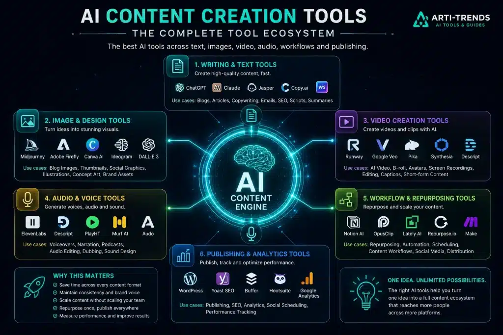 AI content creation tools ecosystem infographic showing writing tools, image tools, video tools, audio tools, workflow tools and publishing tools connected to a central AI content engine