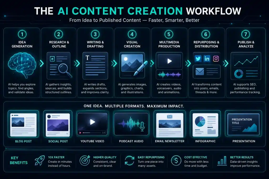 AI content creation workflow infographic showing how one idea moves from research and writing to visuals, multimedia, repurposing, publishing and analysis