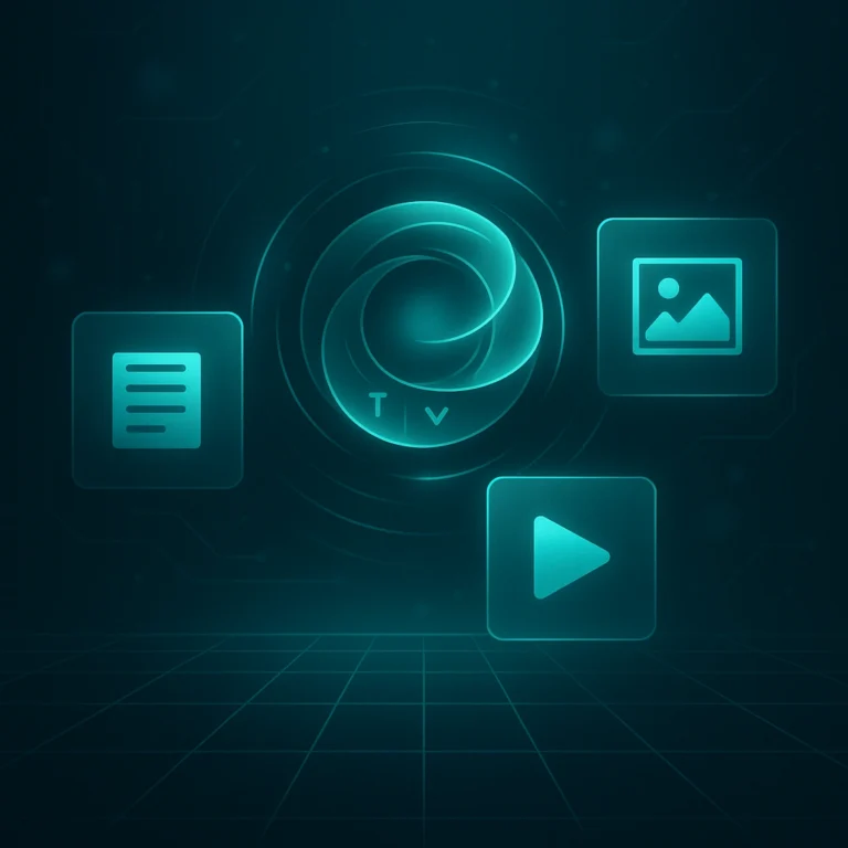 AI Content Creation Tools cover image featuring a glowing turquoise content engine orb with text, image, and video UI panels in a premium Arti-Trends style.