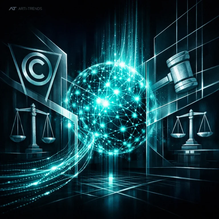 Abstract AI data core constrained by legal frameworks, visualizing copyright law and governance of AI training data