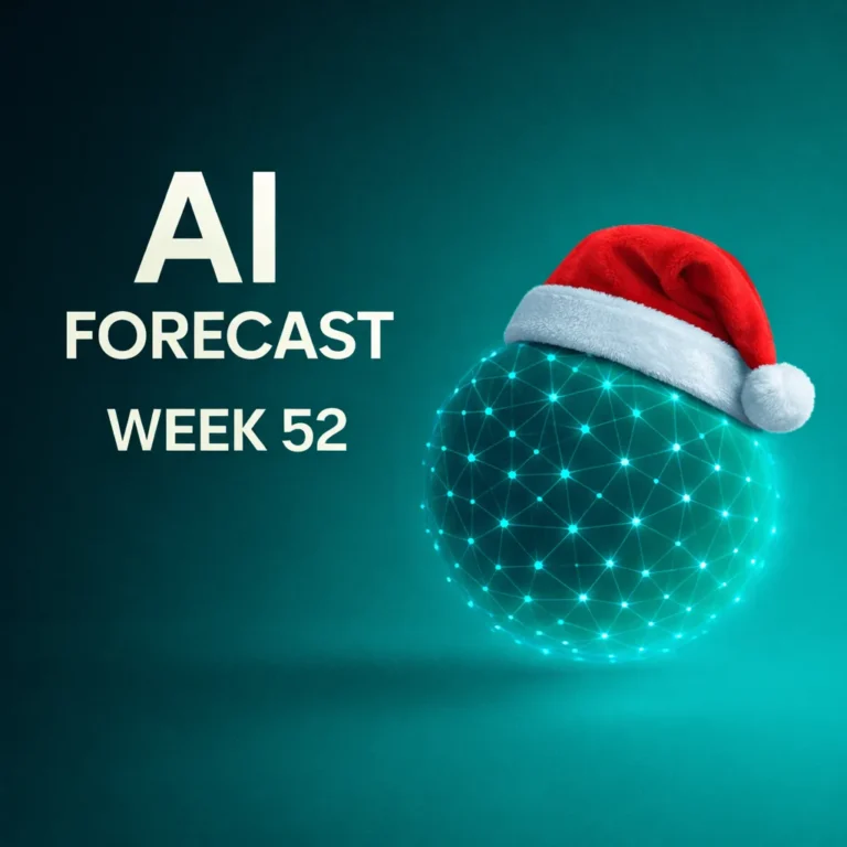 AI Forecast Week 52 cover with glowing turquoise AI network sphere wearing a Santa hat on a dark teal background