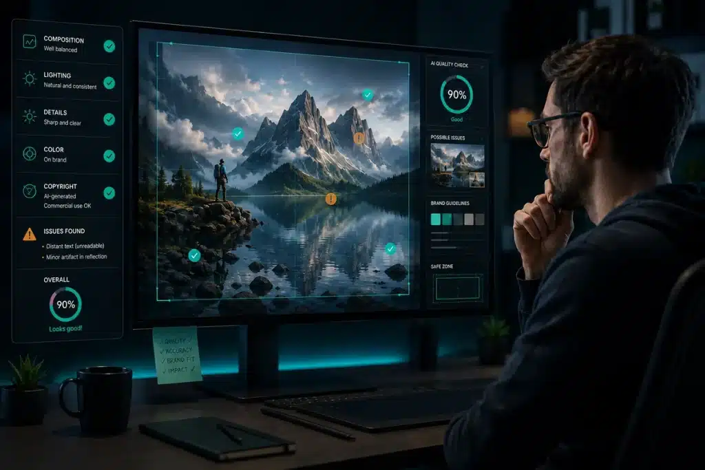 Human editor reviewing an AI generated image for quality control before publishing