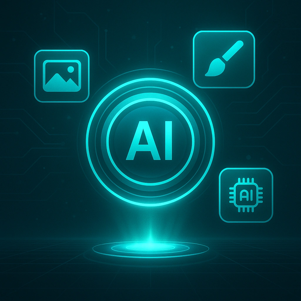 AI Image Generation Tools cover showing a glowing turquoise image-engine orb with floating photo, brush, and AI-chip icons in the Arti-Trends premium style.