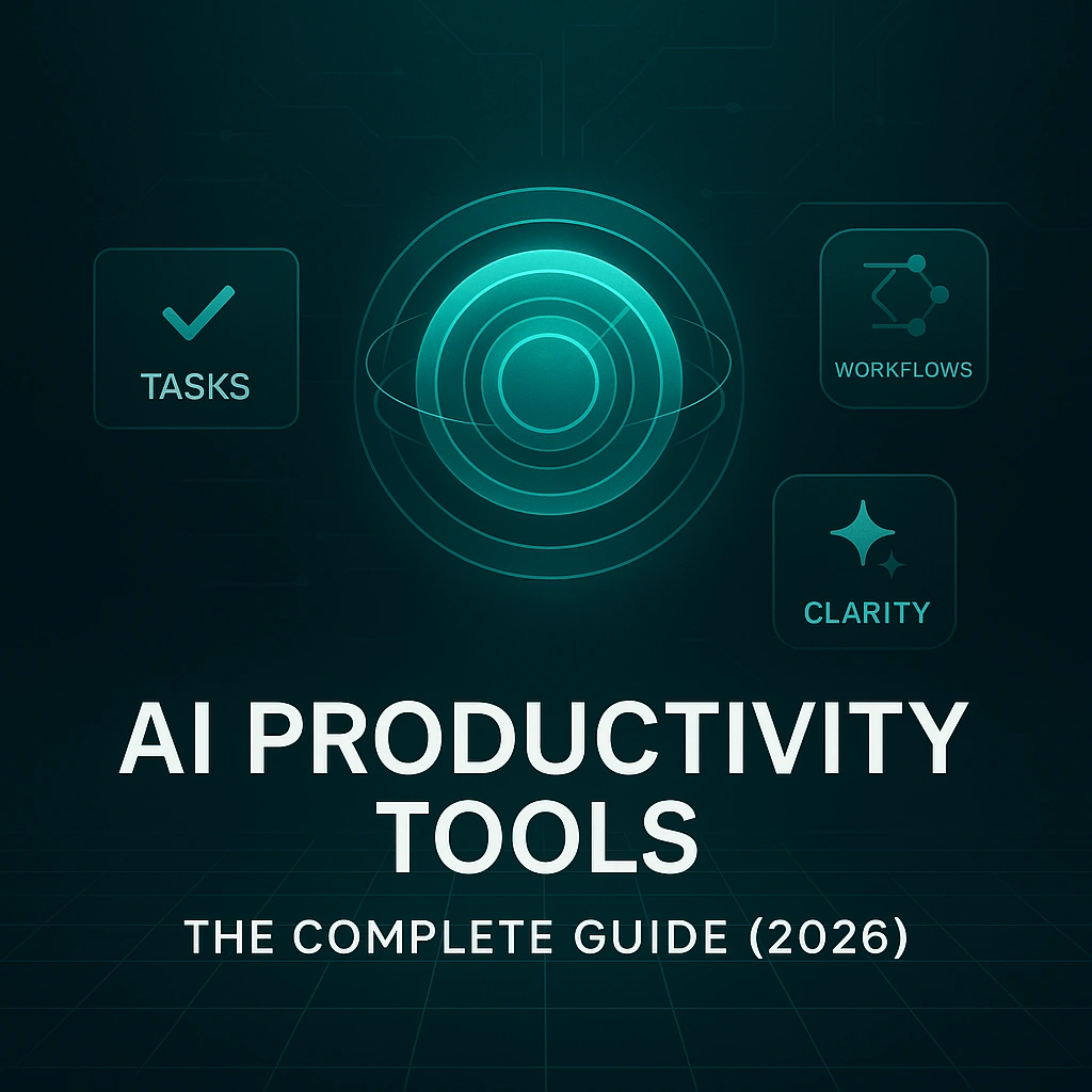 AI Productivity Tools: The Complete Guide (2026) cover image featuring a glowing turquoise AI core with task, workflow, and clarity UI panels in a premium Arti-Trends style.