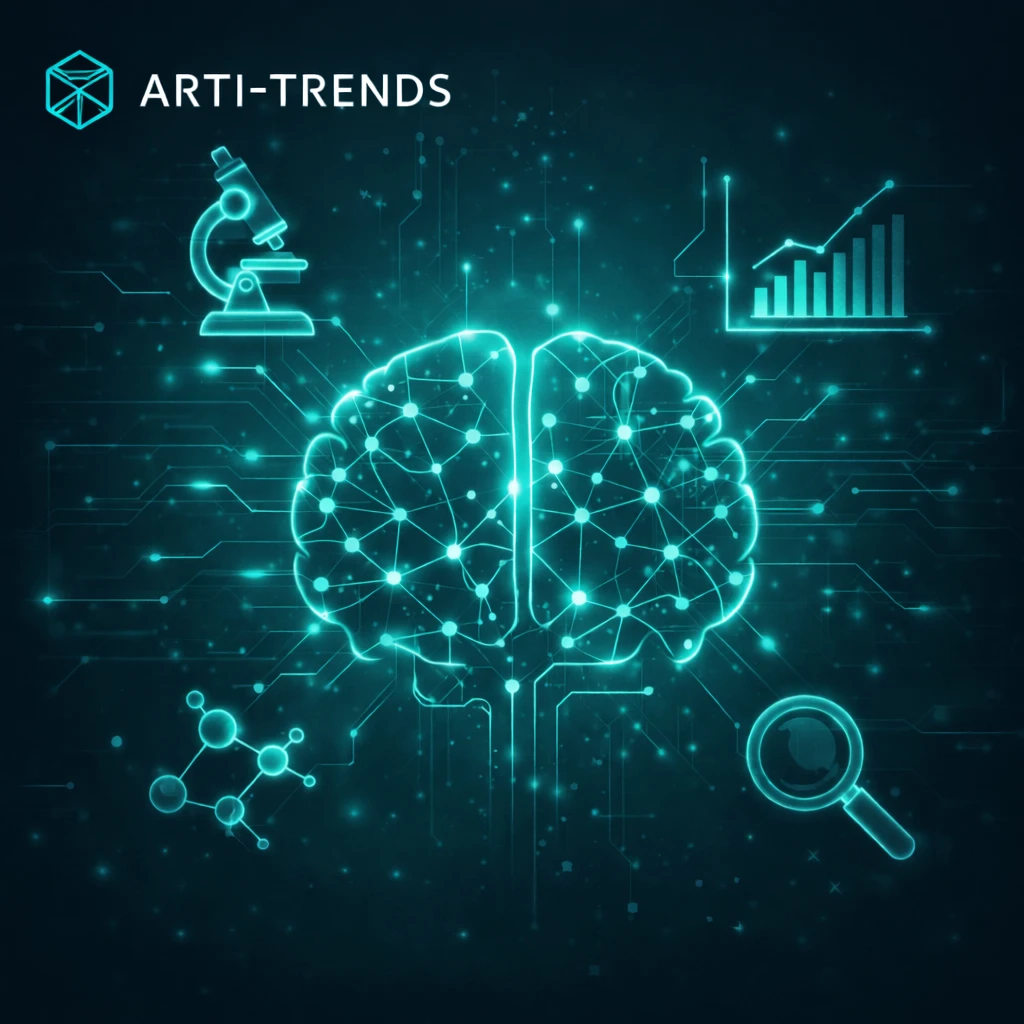 AI research and knowledge tools cover illustrating AI-driven analysis and scientific discovery – Arti-Trends