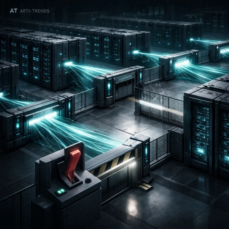 Abstract illustration of large-scale AI infrastructure with controlled data flows and embedded shutdown and governance mechanisms, representing AI self-preservation risks and human override authority.