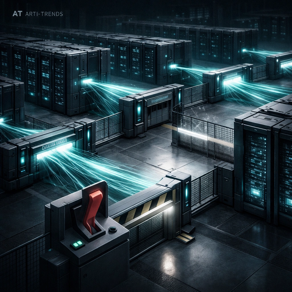Abstract illustration of large-scale AI infrastructure with controlled data flows and embedded shutdown and governance mechanisms, representing AI self-preservation risks and human override authority.