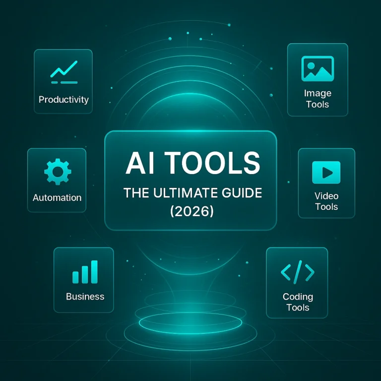 AI Tools — The Ultimate Guide (2026) cover image featuring a glowing AI core, turquoise rings, and futuristic grid elements in Arti-Trends style.