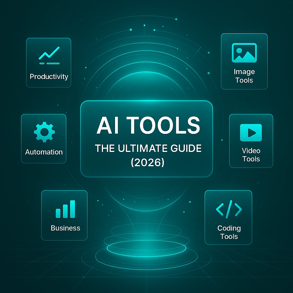 AI Tools — The Ultimate Guide (2026) cover image featuring a glowing AI core, turquoise rings, and futuristic grid elements in Arti-Trends style.