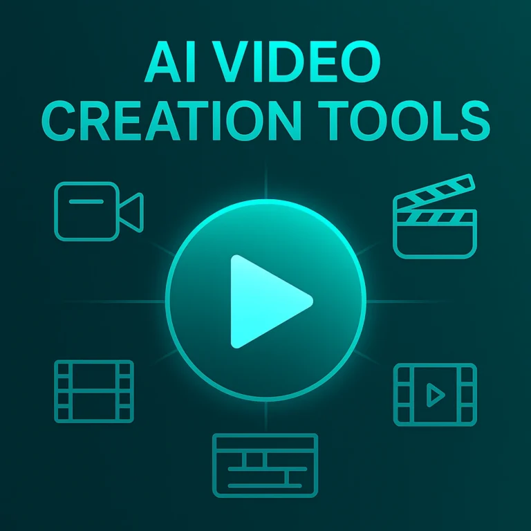 AI Video Creation Tools cover featuring a glowing turquoise AI orb surrounded by minimal video icons (play, camera, storyboard, film strip) in the Arti-Trends premium style.