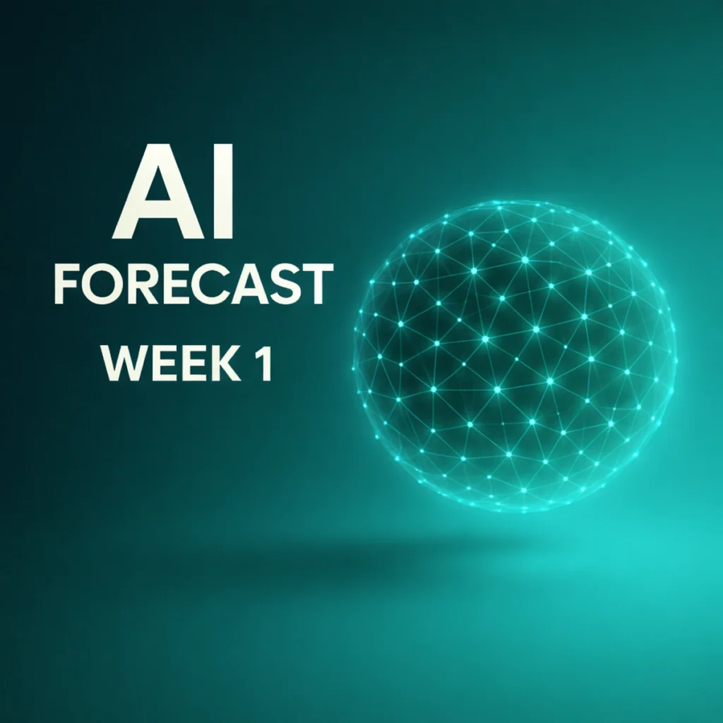 “AI Forecast Week 1 cover image featuring a glowing neural network sphere on a turquoise gradient background.”