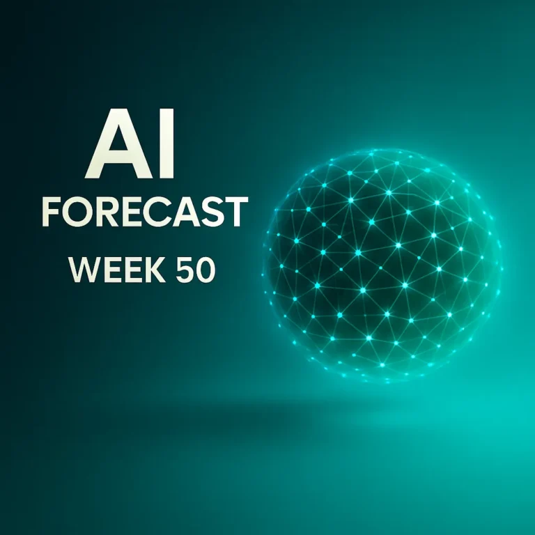 AI Forecast Week 50 cover image with glowing turquoise AI network sphere on a dark teal background