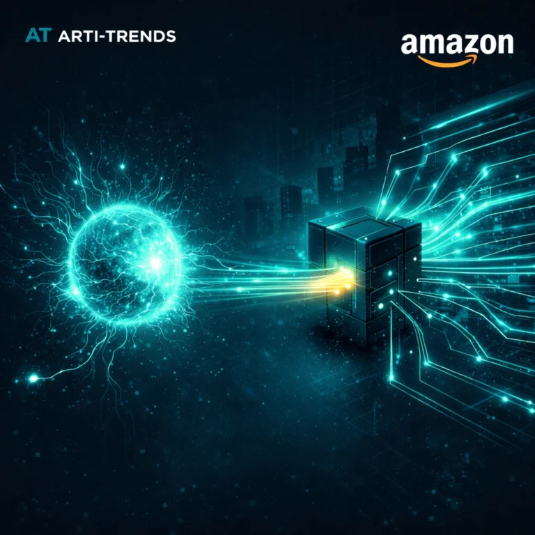 Amazon AGI infrastructure restructuring visualized as AI core rerouted through enterprise compute systems