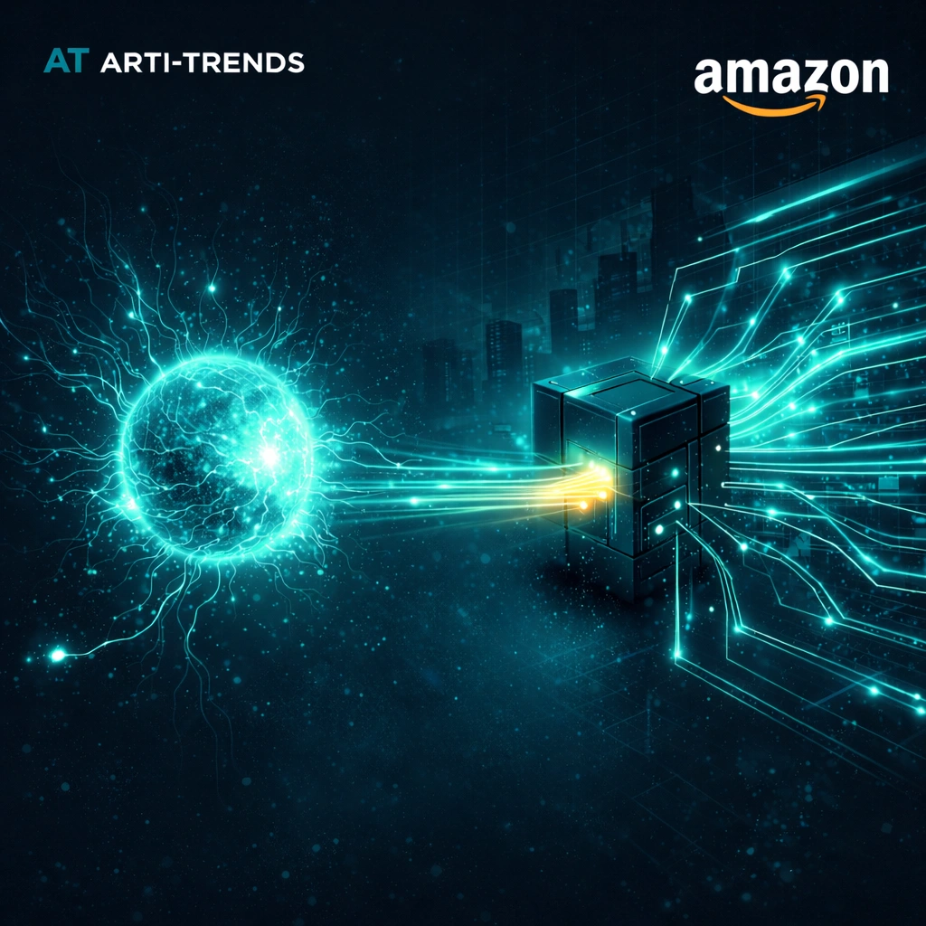 Amazon AGI infrastructure restructuring visualized as AI core rerouted through enterprise compute systems