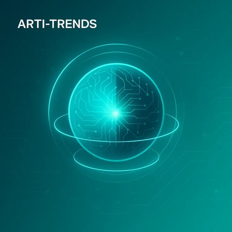 Abstract glowing AGI core with neon rings and neural light patterns on a teal background.