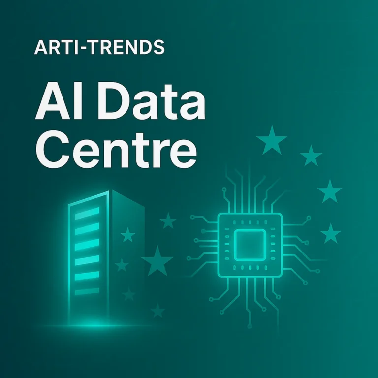 Premium Arti-Trends cover image showing a glowing teal AI data centre and microchip concept on a dark gradient background.