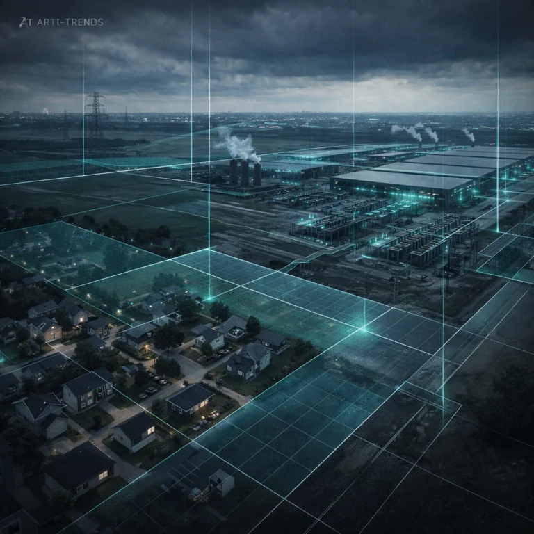 AI data center expansion facing regulatory delay and public oversight, visualizing political and infrastructural friction around artificial intelligence infrastructure