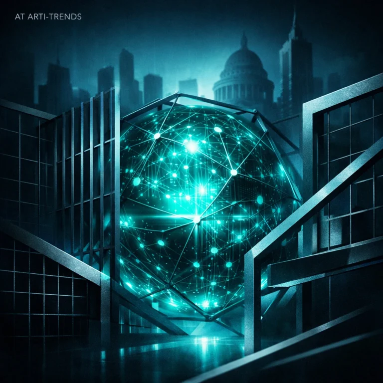 Abstract AI network constrained by regulatory frameworks, symbolizing state-level AI regulation and governance in the United States.