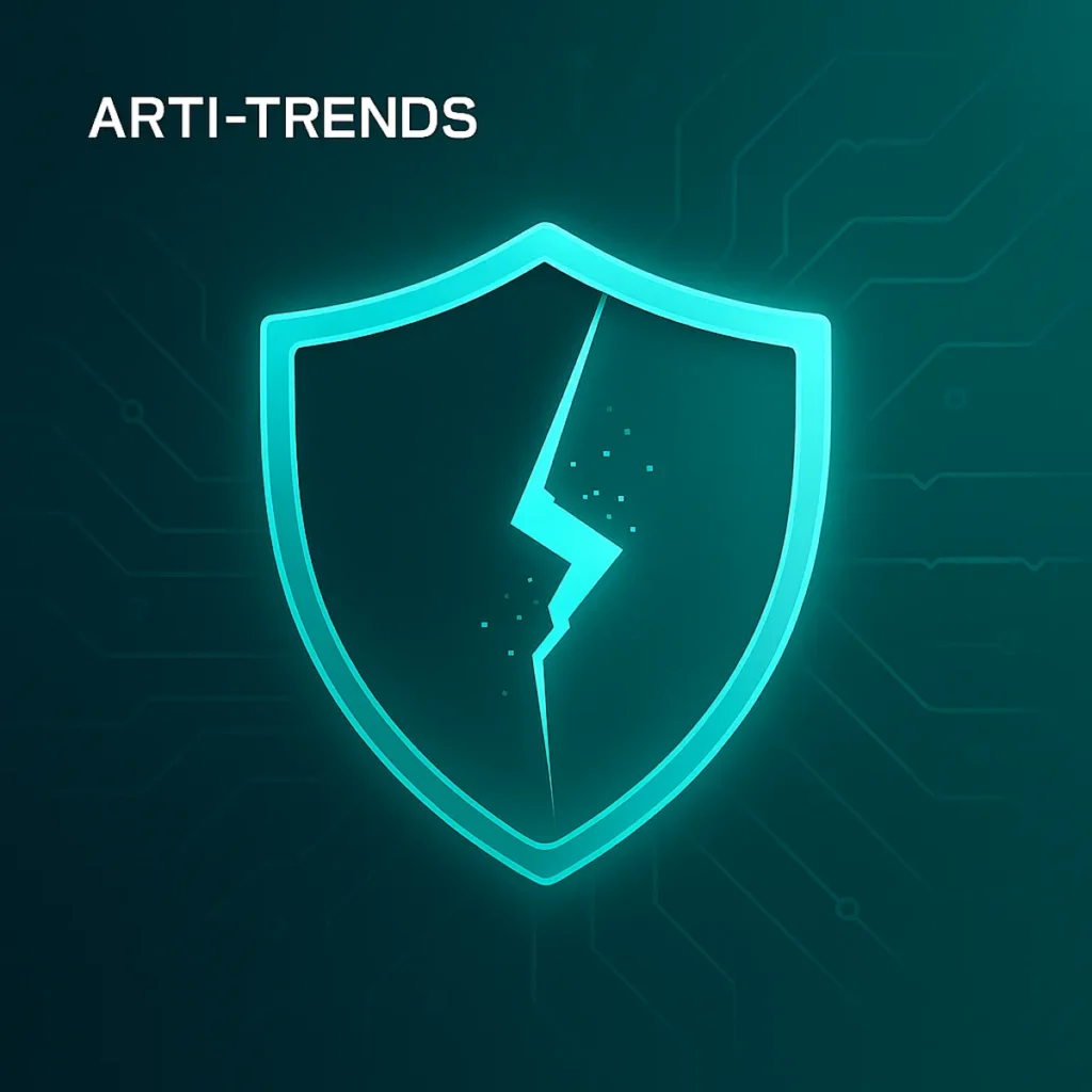 Premium AI safety cover showing a glowing shield with a crack and digital fragments, symbolizing broken AI safety standards.