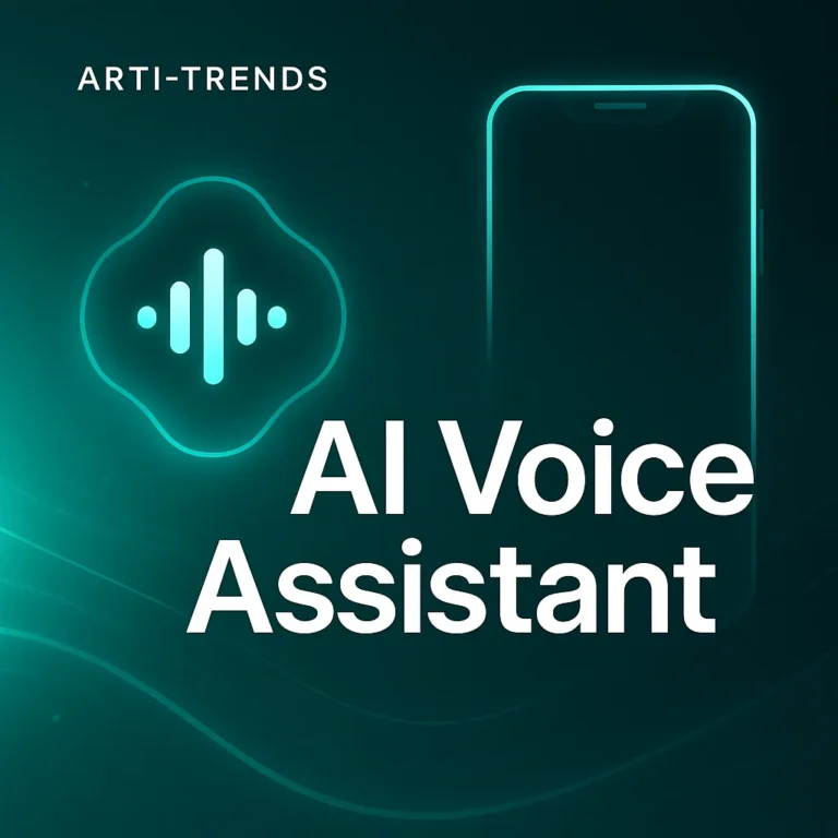 Premium Arti-Trends cover image featuring a glowing turquoise AI voice waveform and a smartphone outline on a dark teal gradient background.