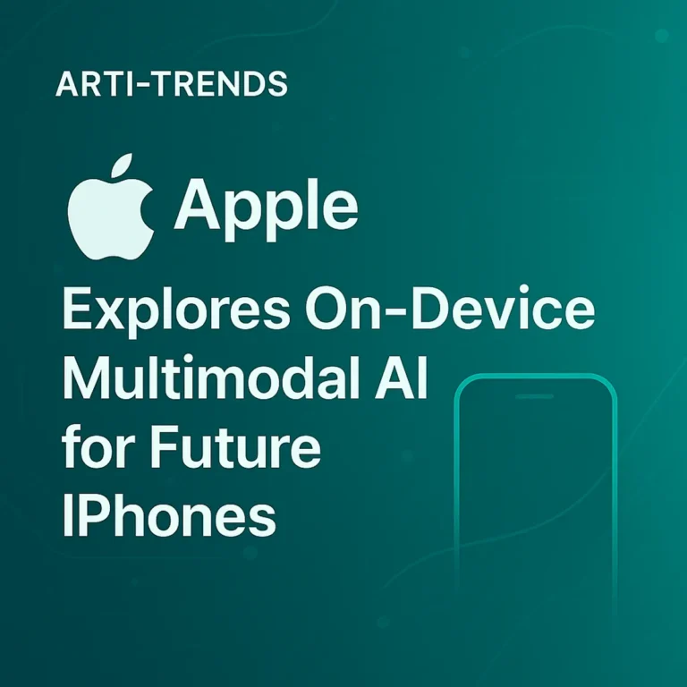 Premium Arti-Trends cover image showing a glowing teal iPhone outline and abstract Apple-themed elements on a dark AI-styled background.