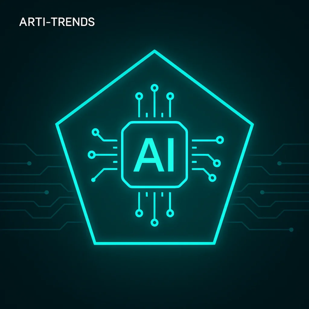 AI deployment visual inside Pentagon-shaped frame with turquoise circuits (Arti-Trends style)