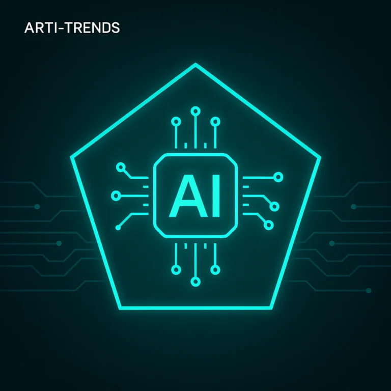 AI deployment visual inside Pentagon-shaped frame with turquoise circuits (Arti-Trends style)
