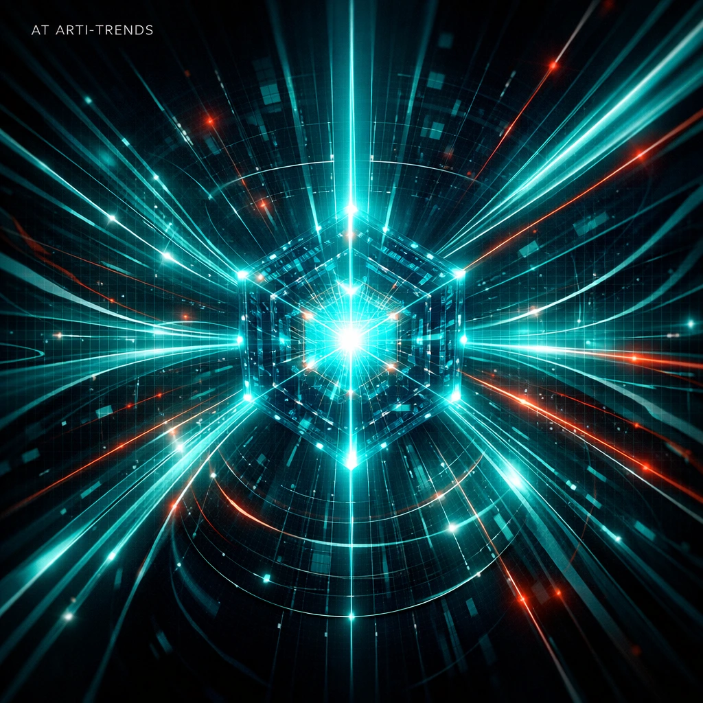 Abstract visualization of extreme competitive pressure in frontier AI development, showing a glowing AI core with converging data streams and accelerating network forces