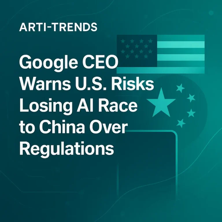 Premium Arti-Trends cover image showing U.S. and China elements on a teal AI-themed background, representing the global AI race.