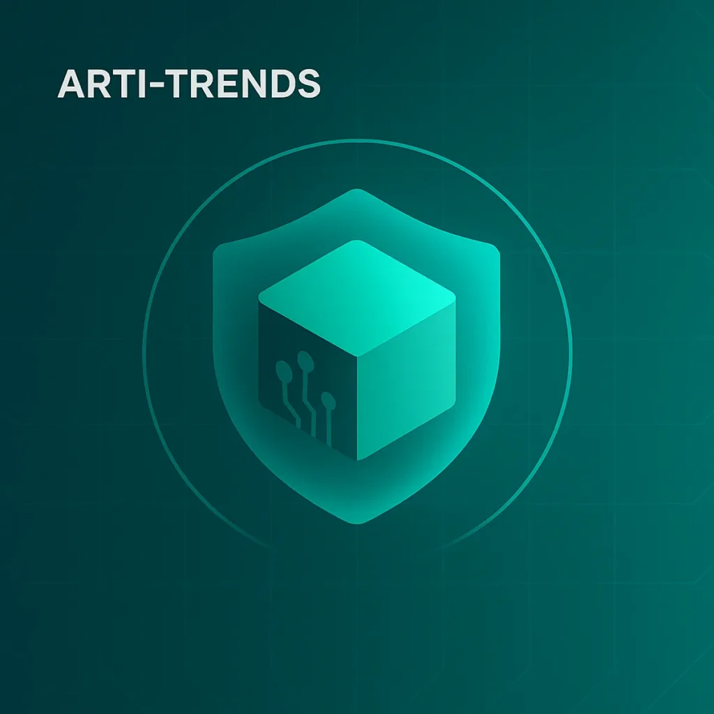 Abstract AI security illustration showing a protected model block inside a glowing shield on a teal background.