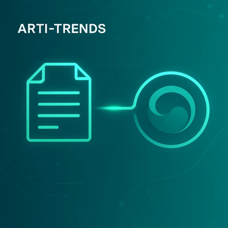 Abstract AI document intelligence icon connected to a stylized Korean government symbol on a teal background.