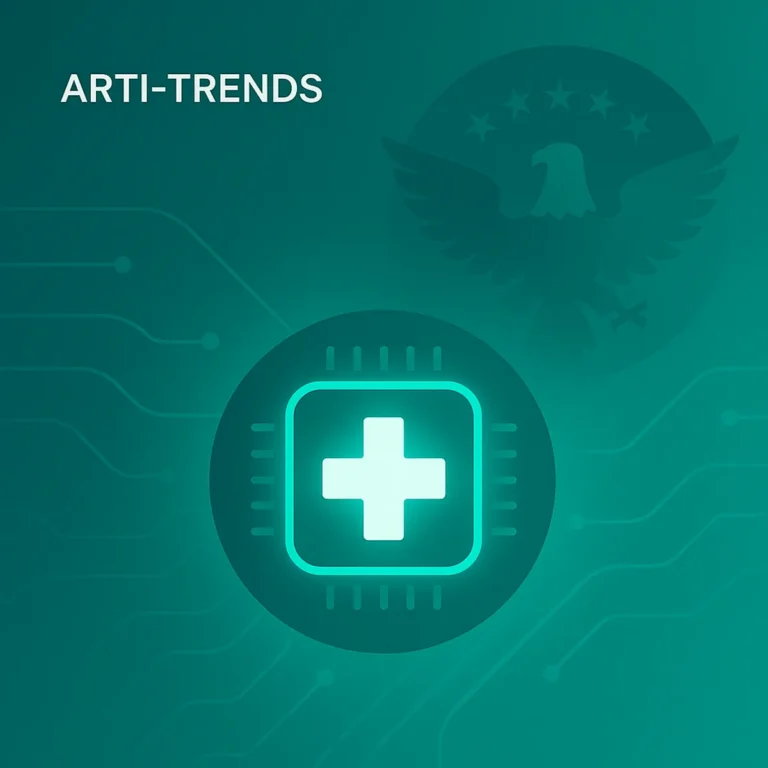 Abstract AI healthcare cover with a glowing health-pulse icon and a stylized U.S. government seal in teal gradient.