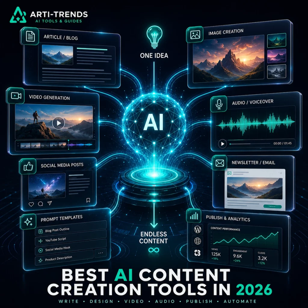 Best AI content creation tools in 2026 shown as a connected AI workflow for writing, images, video, audio, social content and publishing