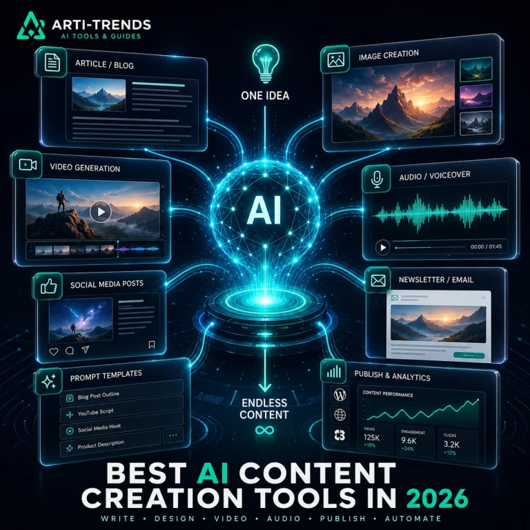Best AI content creation tools in 2026 shown as a connected AI workflow for writing, images, video, audio, social content and publishing