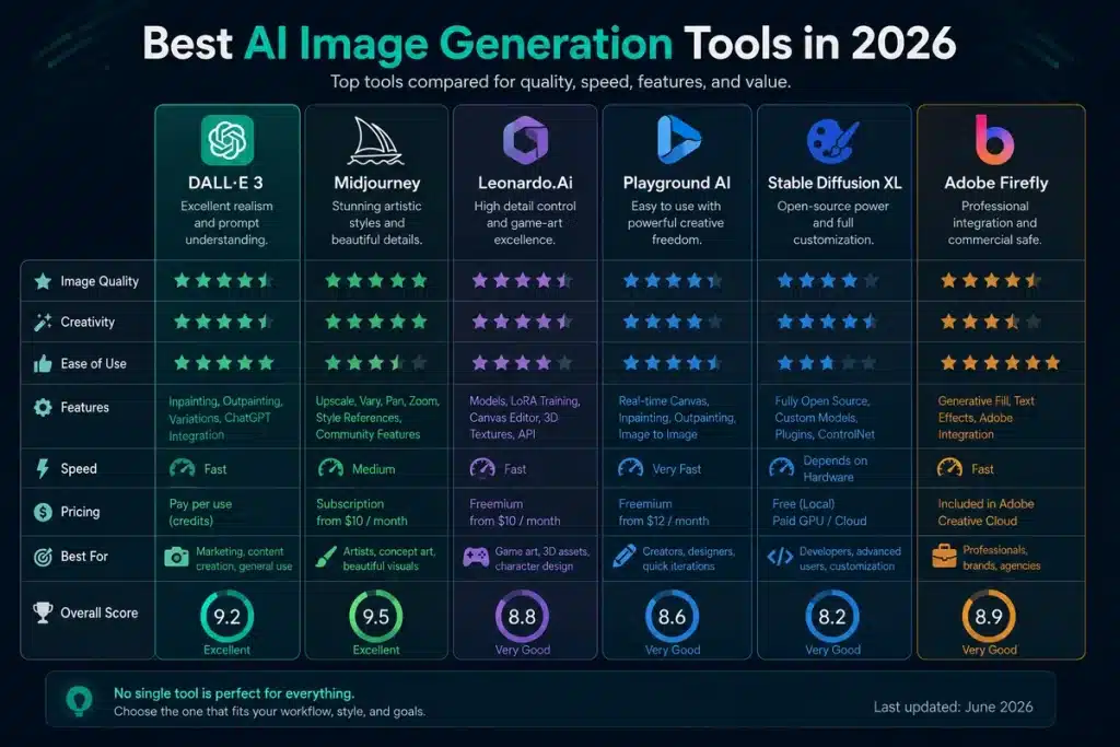 Comparison chart of the best AI image generation tools in 2026