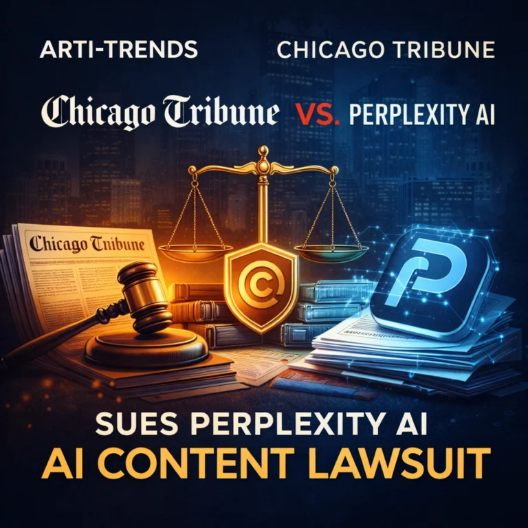 Abstract legal and AI symbolism representing the Chicago Tribune lawsuit against Perplexity AI over copyright and news content usage